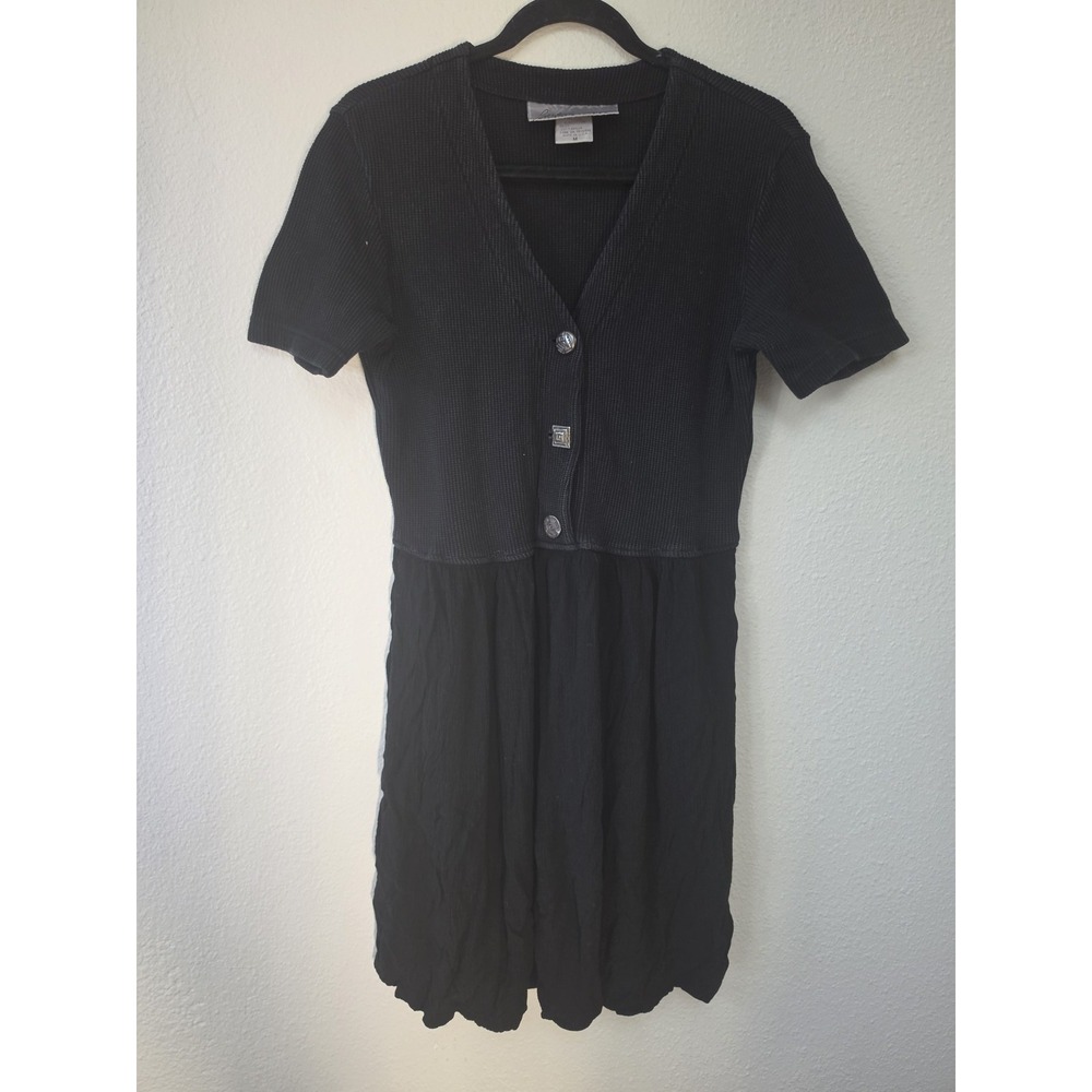 Barbara Lesser Black Dress Size M Casual V-Neck Short Sleeve Cotton Shift VTG